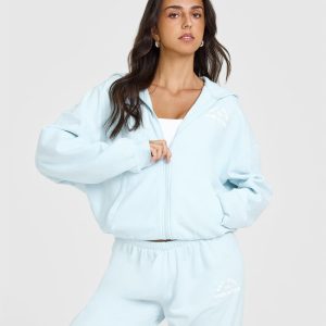 Lightweight Zip Through Hoodie with Graphic Cloud Blue