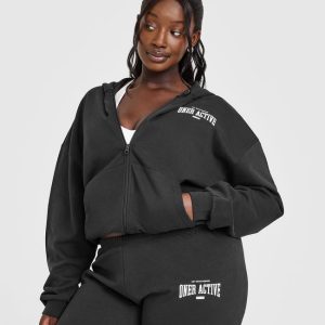Lightweight Zip Through Hoodie With Athletic Graphic Soft Black